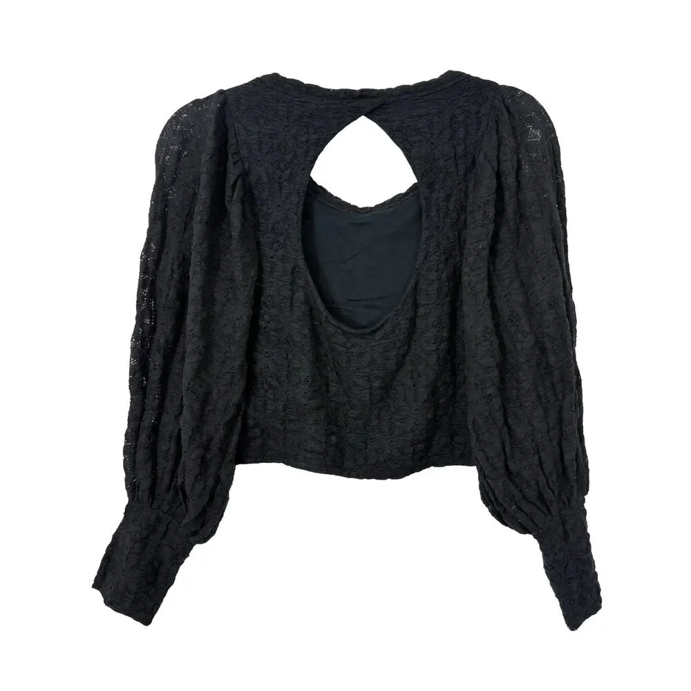 FREE PEOPLE Tea Time Top S Black Crop Puff Sleeve Open Back Lace EUC B83